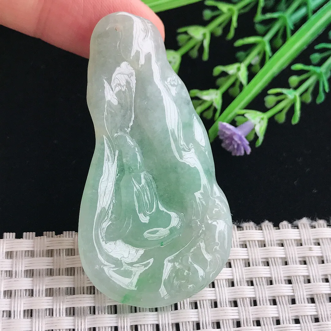 实拍A货翡翠59/31.8/5.8老坑冰润起胶飘绿悟道吊坠翡翠挂件