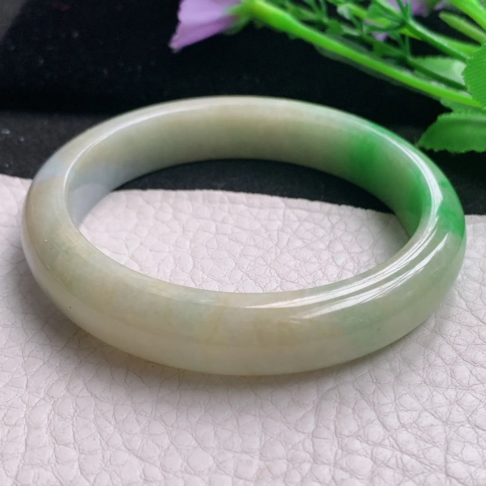 mq实拍55*11.8*7.5平安镯 天然缅甸翡翠A货玉手镯三彩水润宽边玉手环