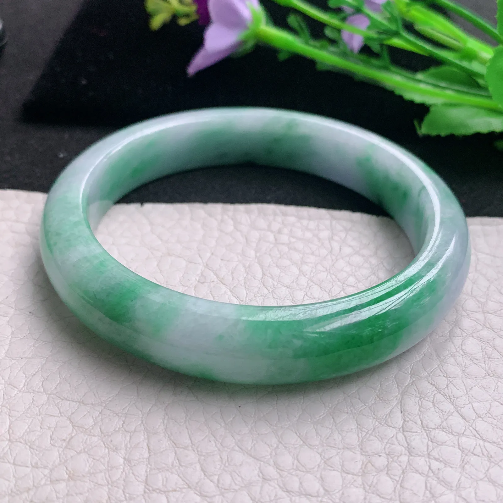 hh大圈口60*12.2*8.5平安镯 天然缅甸翡翠A货玉手镯春带彩宽边玉手环