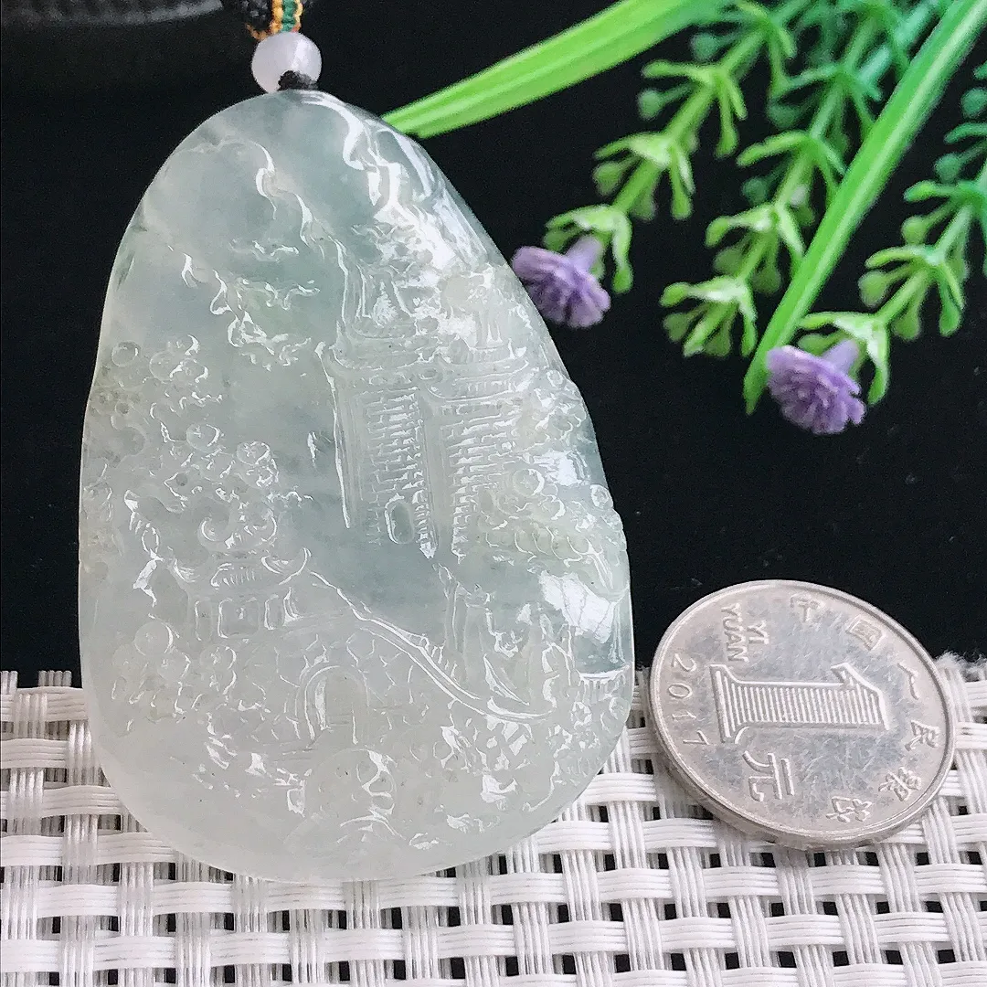 实拍A货翡翠59/41.8/6.6老坑冰透起胶精美山水牌吊坠翡翠挂件