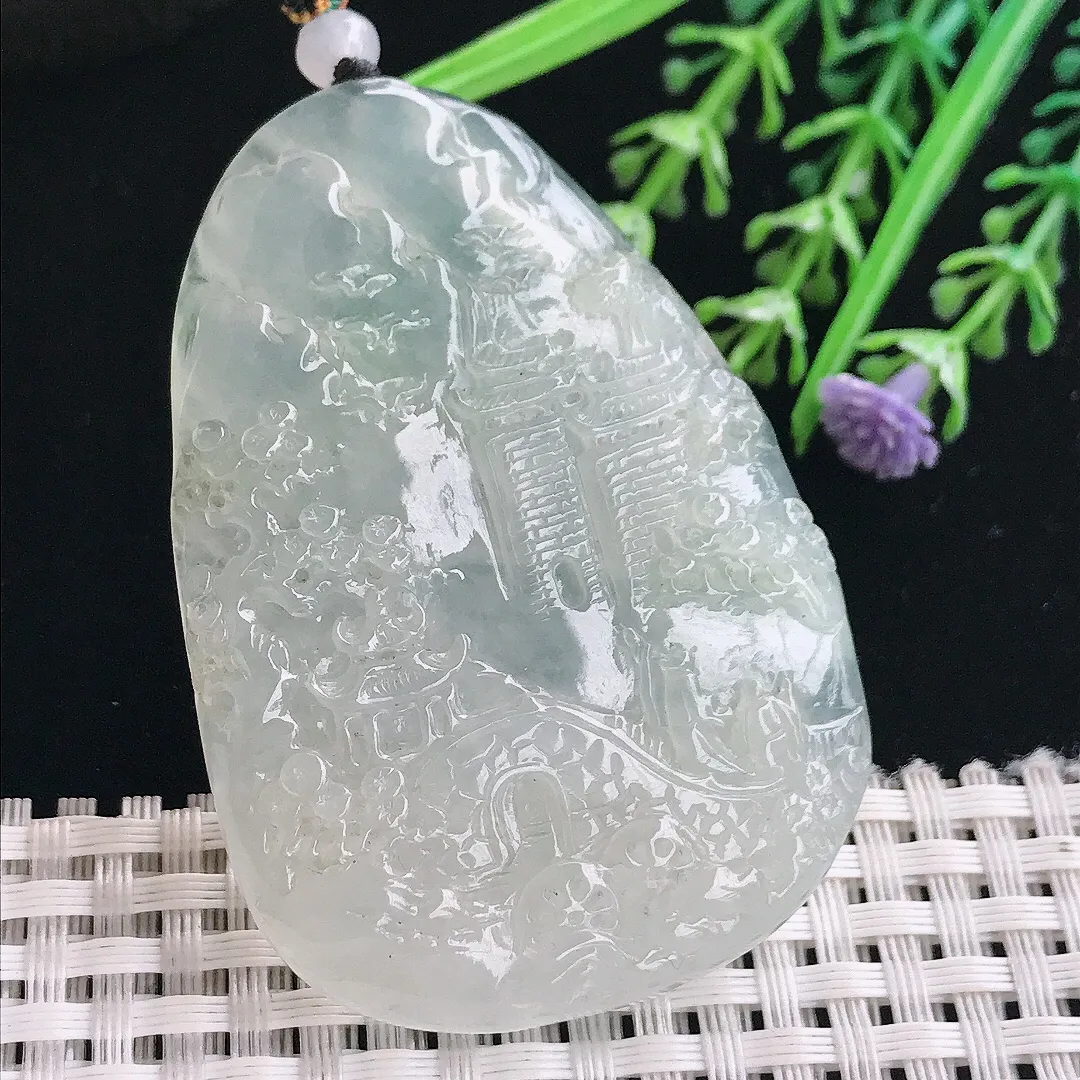 实拍A货翡翠59/41.8/6.6老坑冰透起胶精美山水牌吊坠翡翠挂件