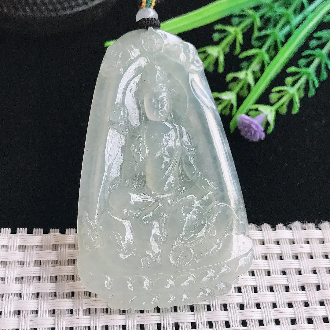 实拍A货翡翠67.5/43.6/5.5老坑冰胶水灵冰晴普贤菩萨吊坠翡翠挂件