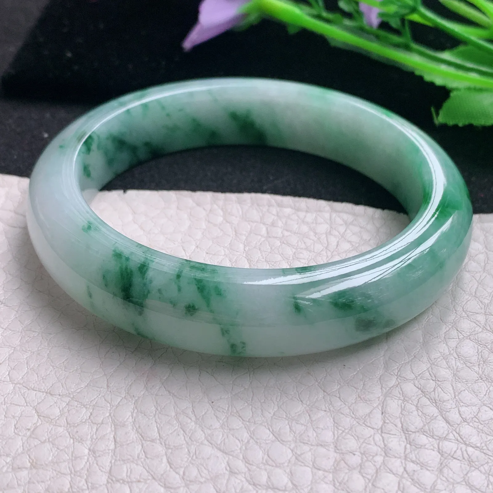 hh实拍57.5*13.8*8.8平安镯 天然缅甸翡翠A货玉手镯冰飘花宽边玉手环