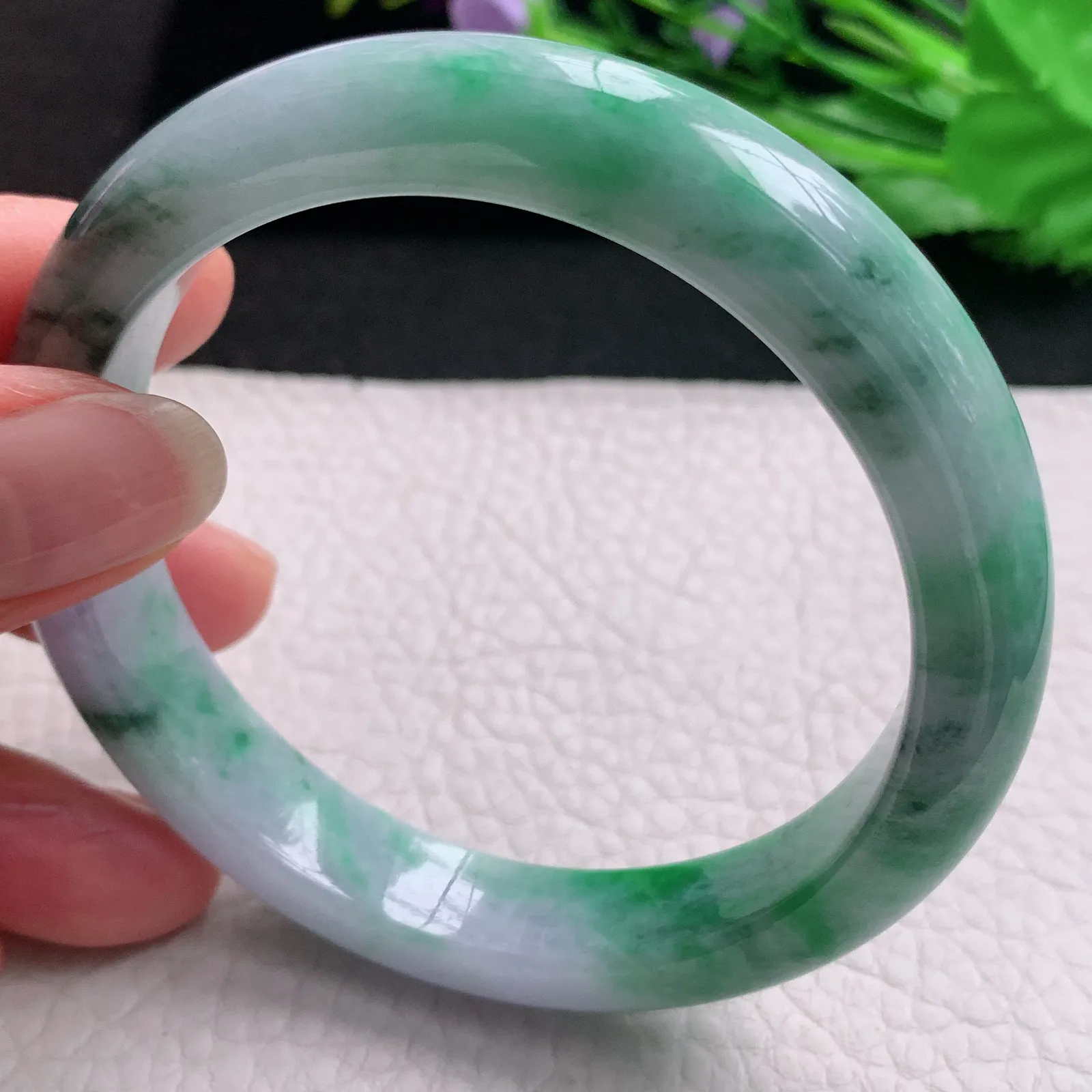 hh大圈口60*12.2*8.5平安镯 天然缅甸翡翠A货玉手镯春带彩宽边玉手环