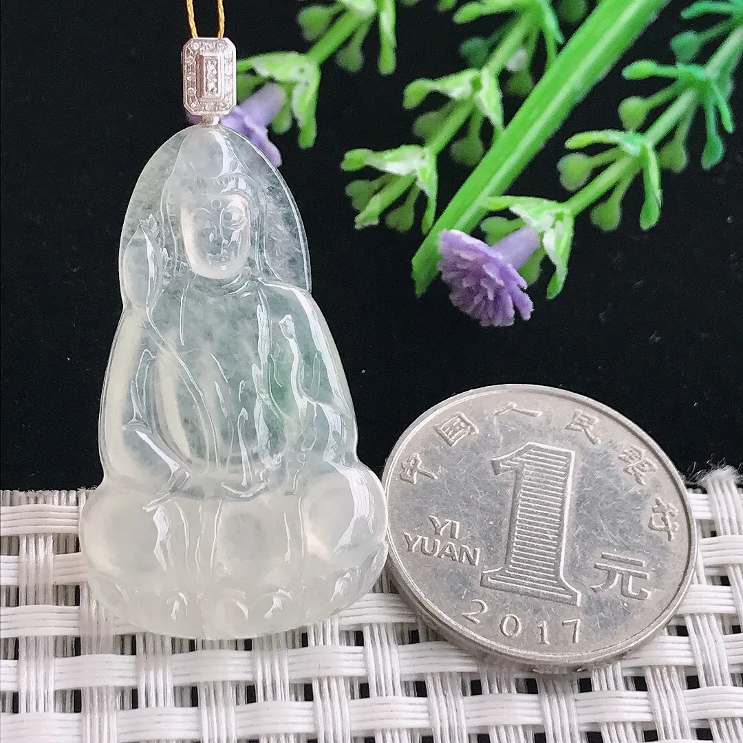 实拍A货翡翠37.2/22.8/4老坑18k金镶嵌冰种观音吊坠翡翠玉观音挂件