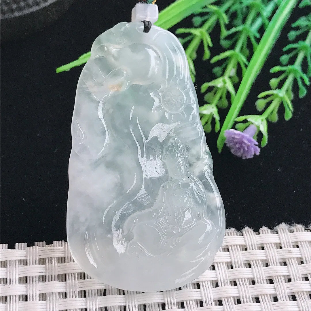 实拍A货翡翠58/34.5/5.7老坑冰种起胶白冰普贤菩萨吊坠翡翠挂件