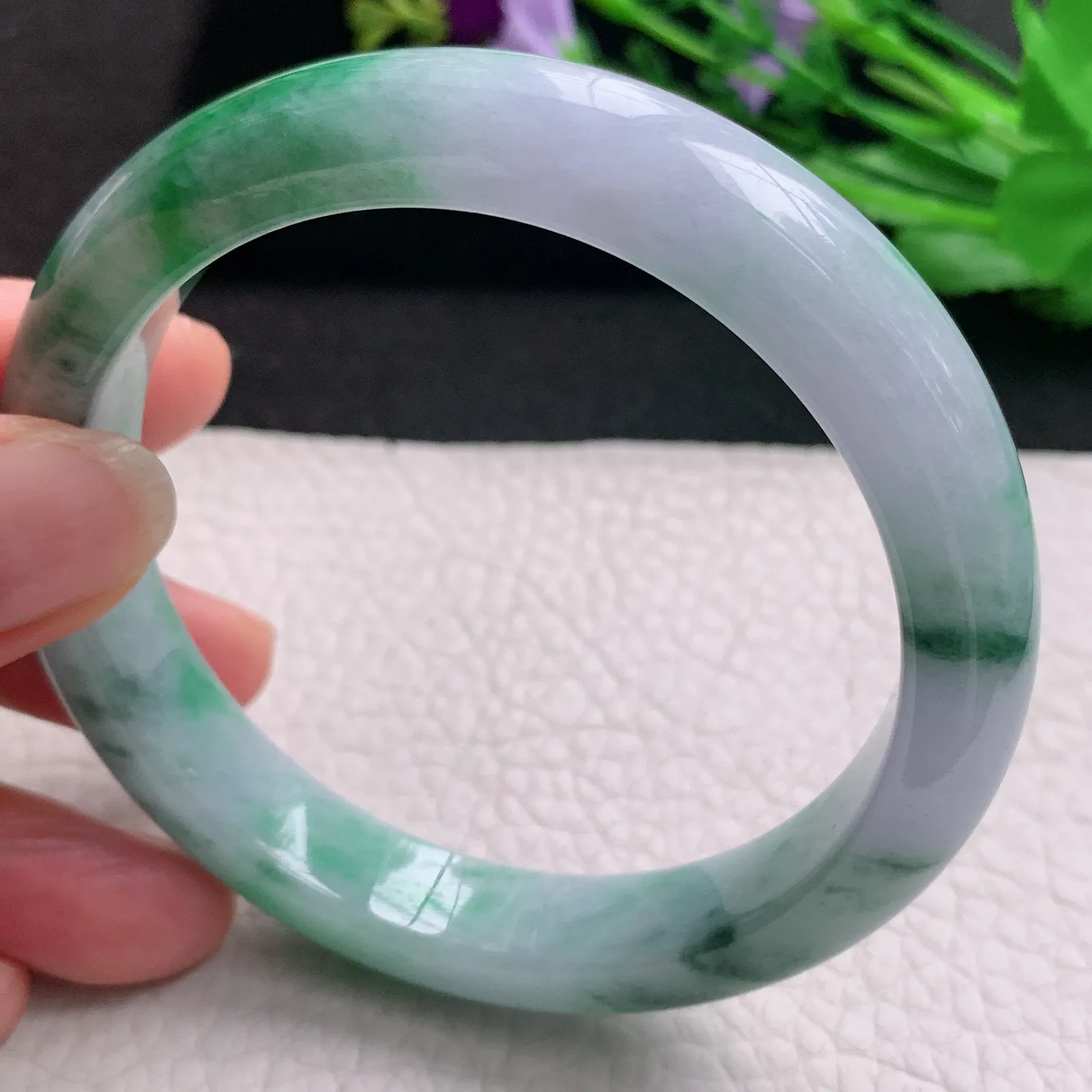 hh大圈口60*12.2*8.5平安镯 天然缅甸翡翠A货玉手镯春带彩宽边玉手环