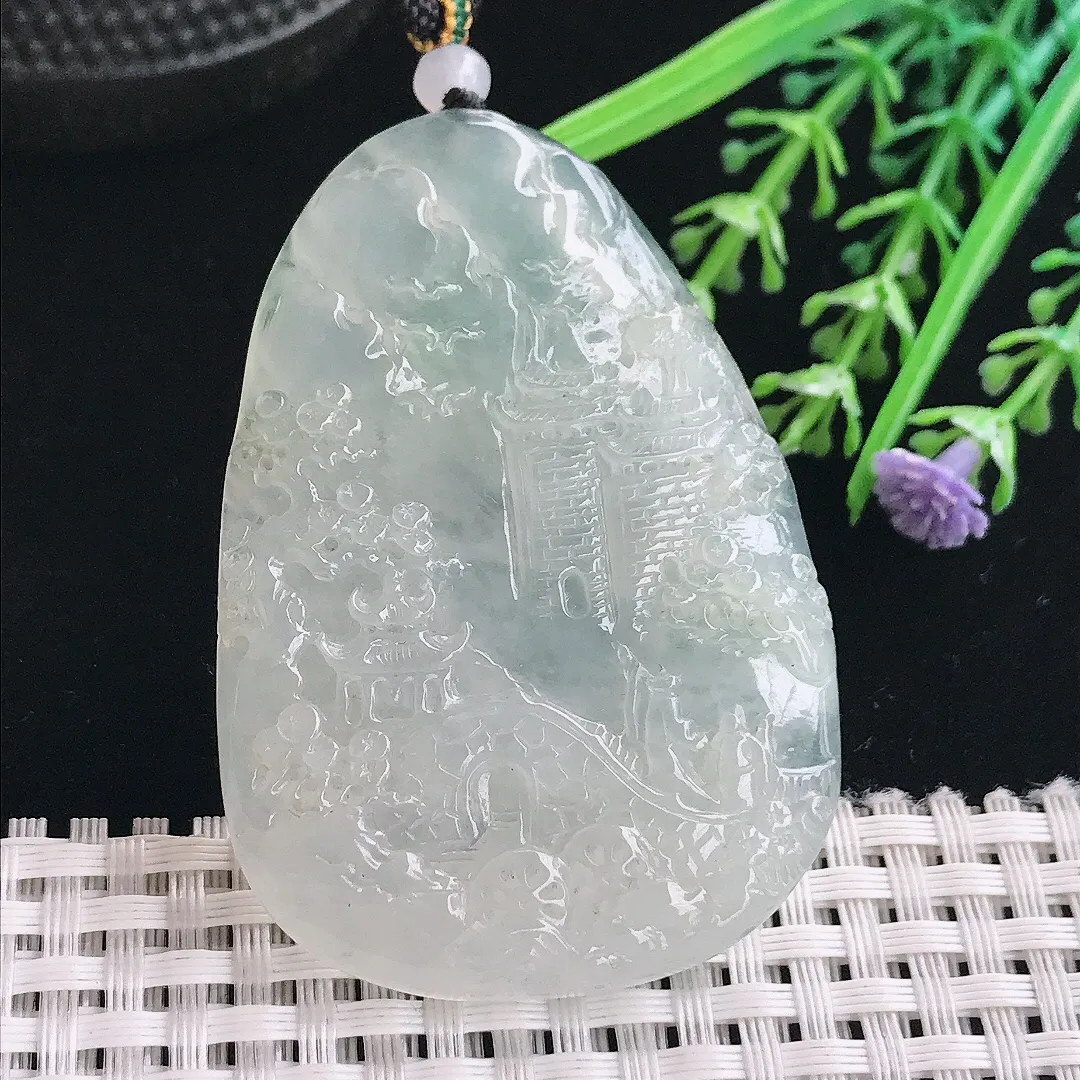 实拍A货翡翠59/41.8/6.6老坑冰透起胶精美山水牌吊坠翡翠挂件