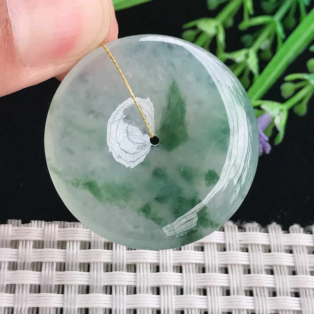 实拍A货翡翠34.8/5.6老坑冰胶果冻冰飘花平安扣吊坠翡翠玉扣挂件