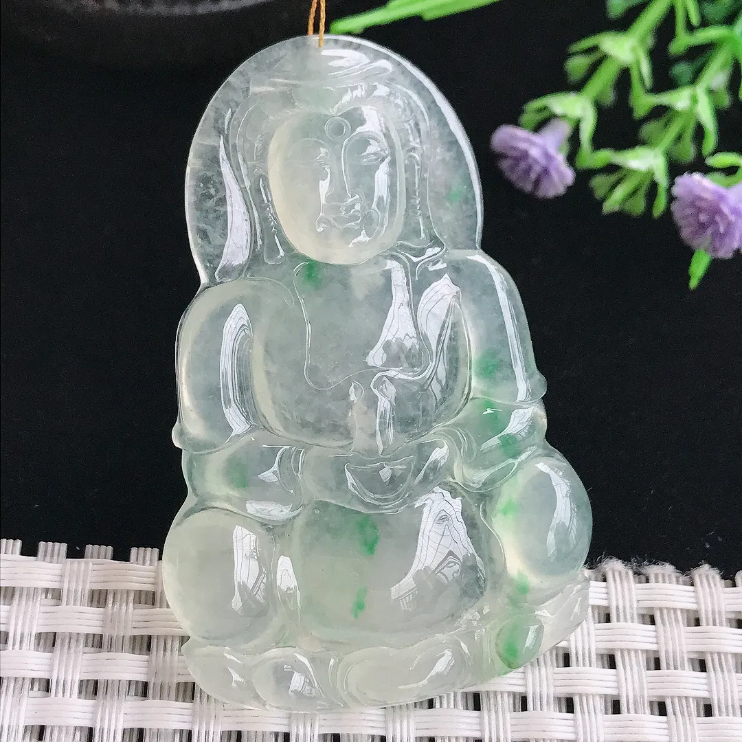 实拍A货翡翠58.3/38/5.3老坑冰种冰晴飘绿观音菩萨吊坠正装观音挂件