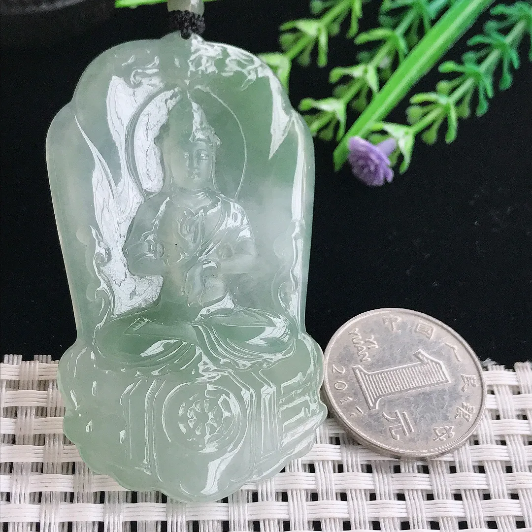 实拍A货翡翠64.5/38.5/5.3老坑冰胶果冻冰晴赐福观音吊坠翡翠挂件