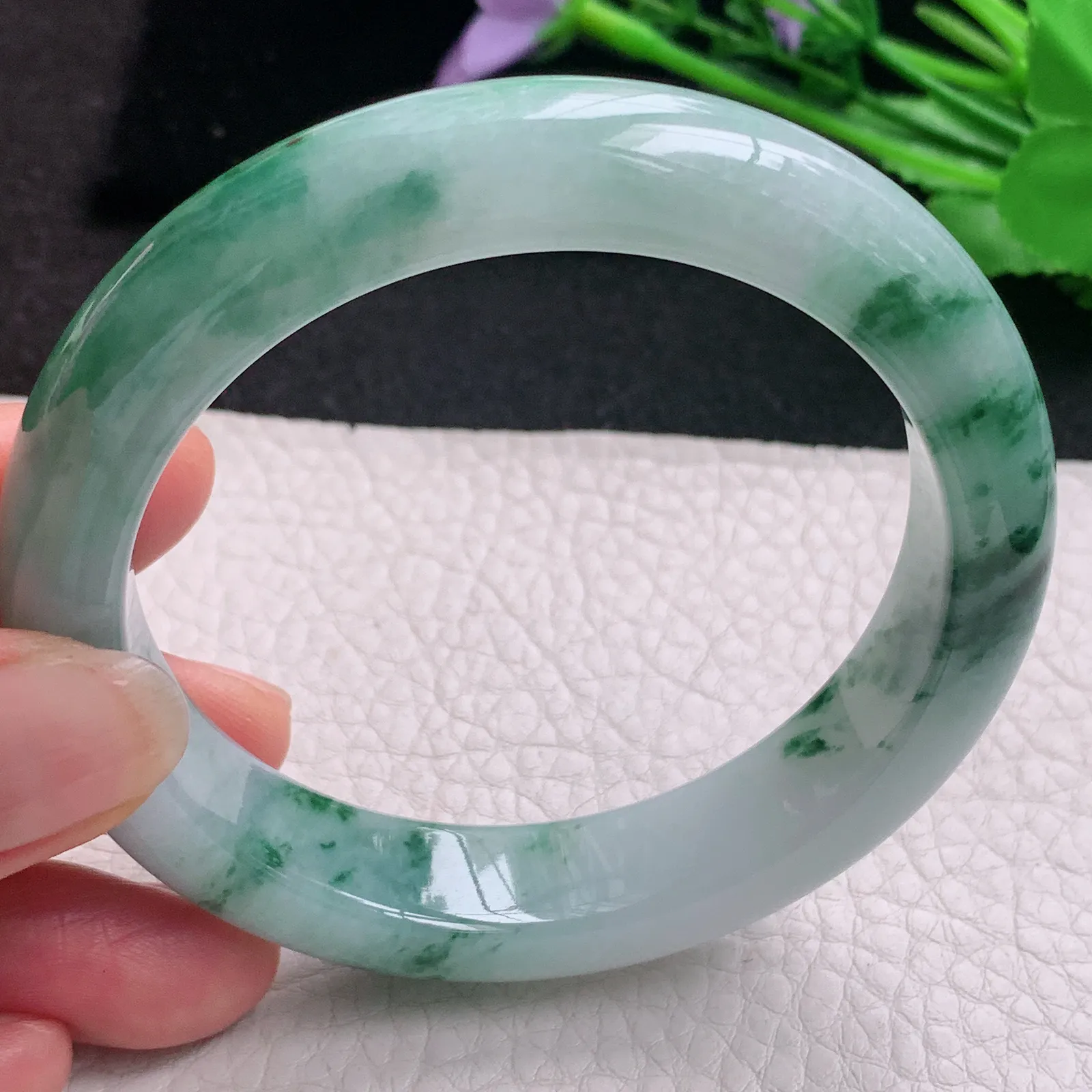 hh实拍57.5*13.8*8.8平安镯 天然缅甸翡翠A货玉手镯冰飘花宽边玉手环