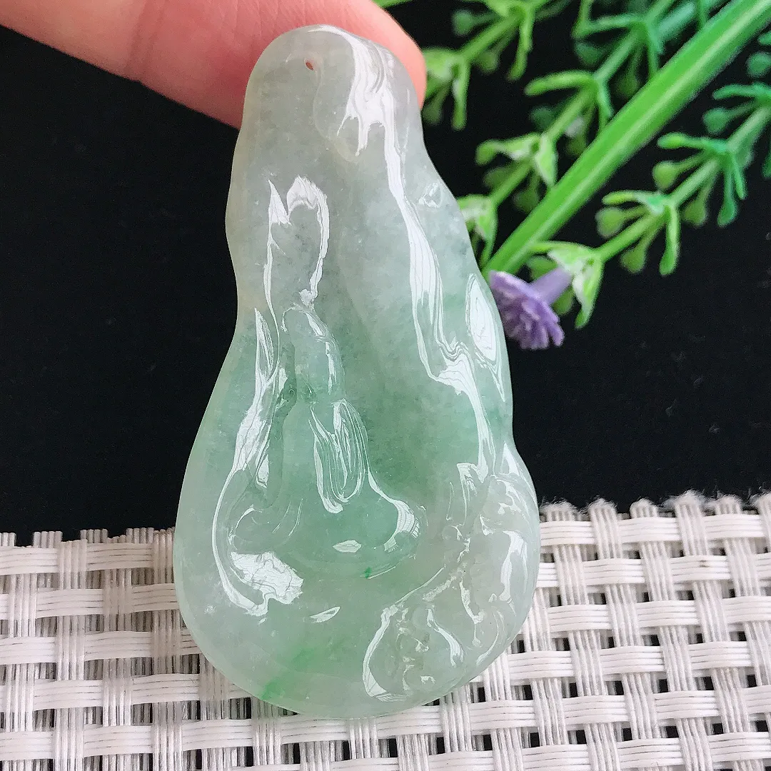 实拍A货翡翠59/31.8/5.8老坑冰润起胶飘绿悟道吊坠翡翠挂件