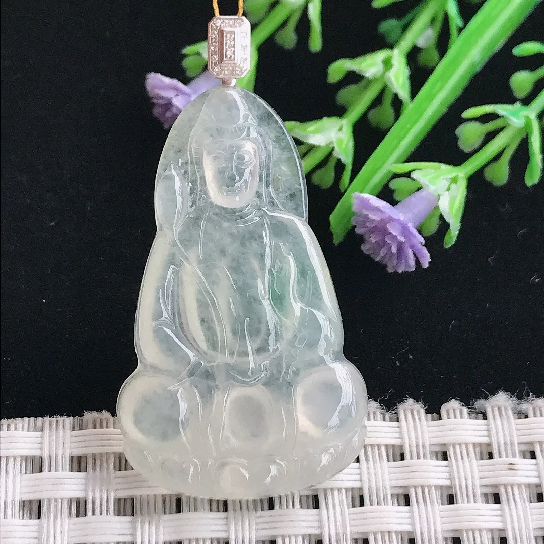 实拍A货翡翠37.2/22.8/4老坑18k金镶嵌冰种观音吊坠翡翠玉观音挂件