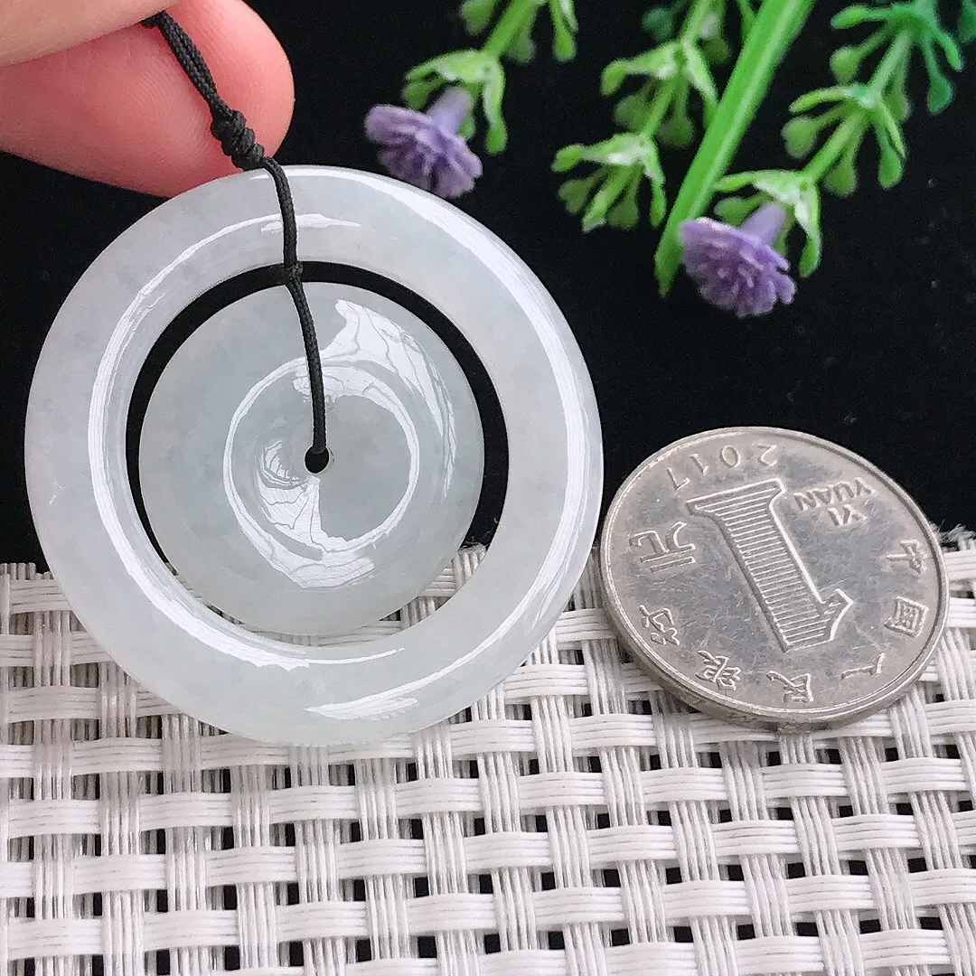 实拍A货翡翠39/6老坑冰润起胶母子扣平安扣吊坠翡翠挂件