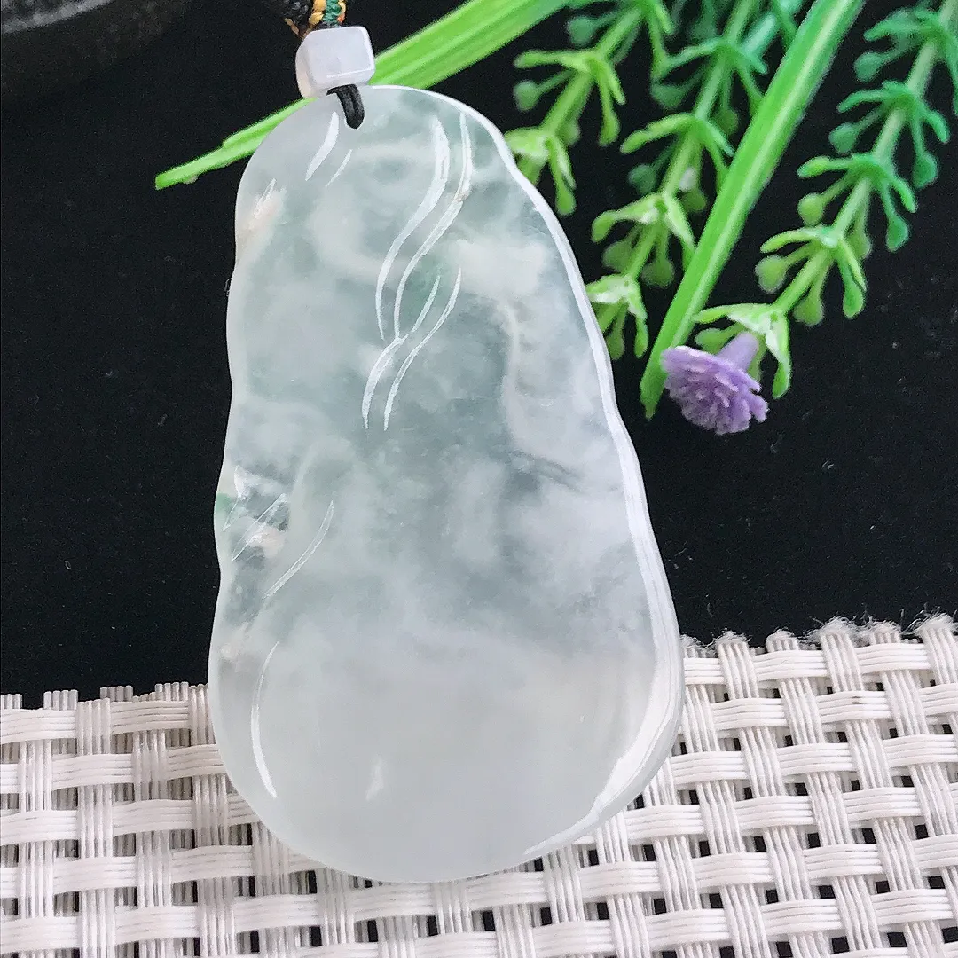 实拍A货翡翠58/34.5/5.7老坑冰种起胶白冰普贤菩萨吊坠翡翠挂件