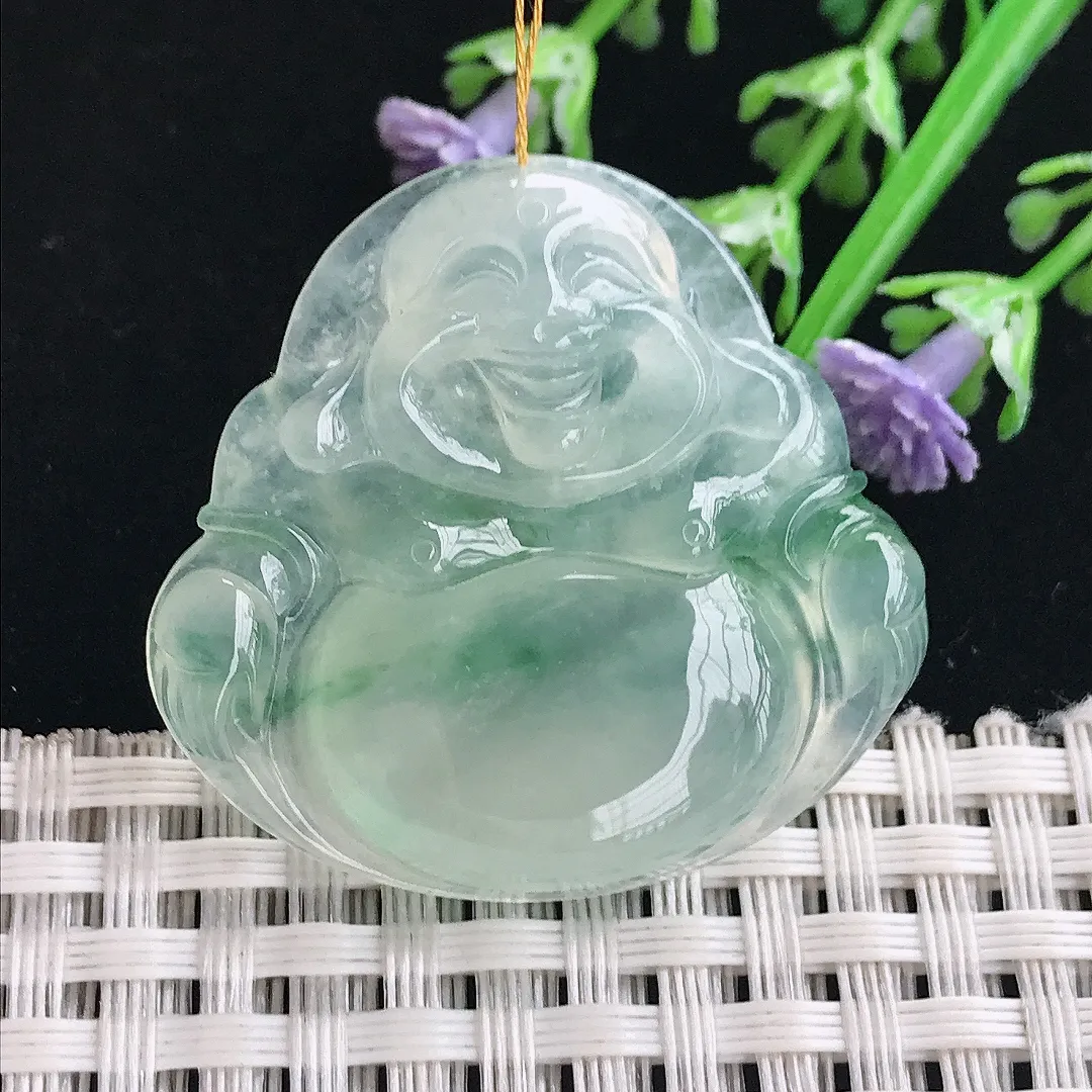 实拍A货翡翠34/36/6.1老坑冰透果冻冰飘花佛公吊坠翡翠玉佛挂件