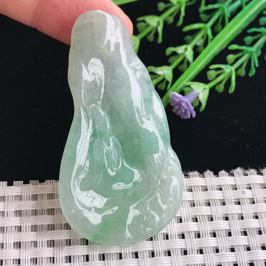 实拍A货翡翠59/31.8/5.8老坑冰润起胶飘绿悟道吊坠翡翠挂件