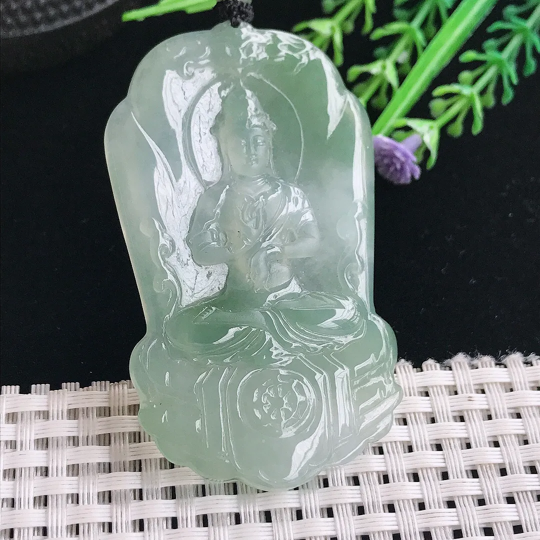 实拍A货翡翠64.5/38.5/5.3老坑冰胶果冻冰晴赐福观音吊坠翡翠挂件