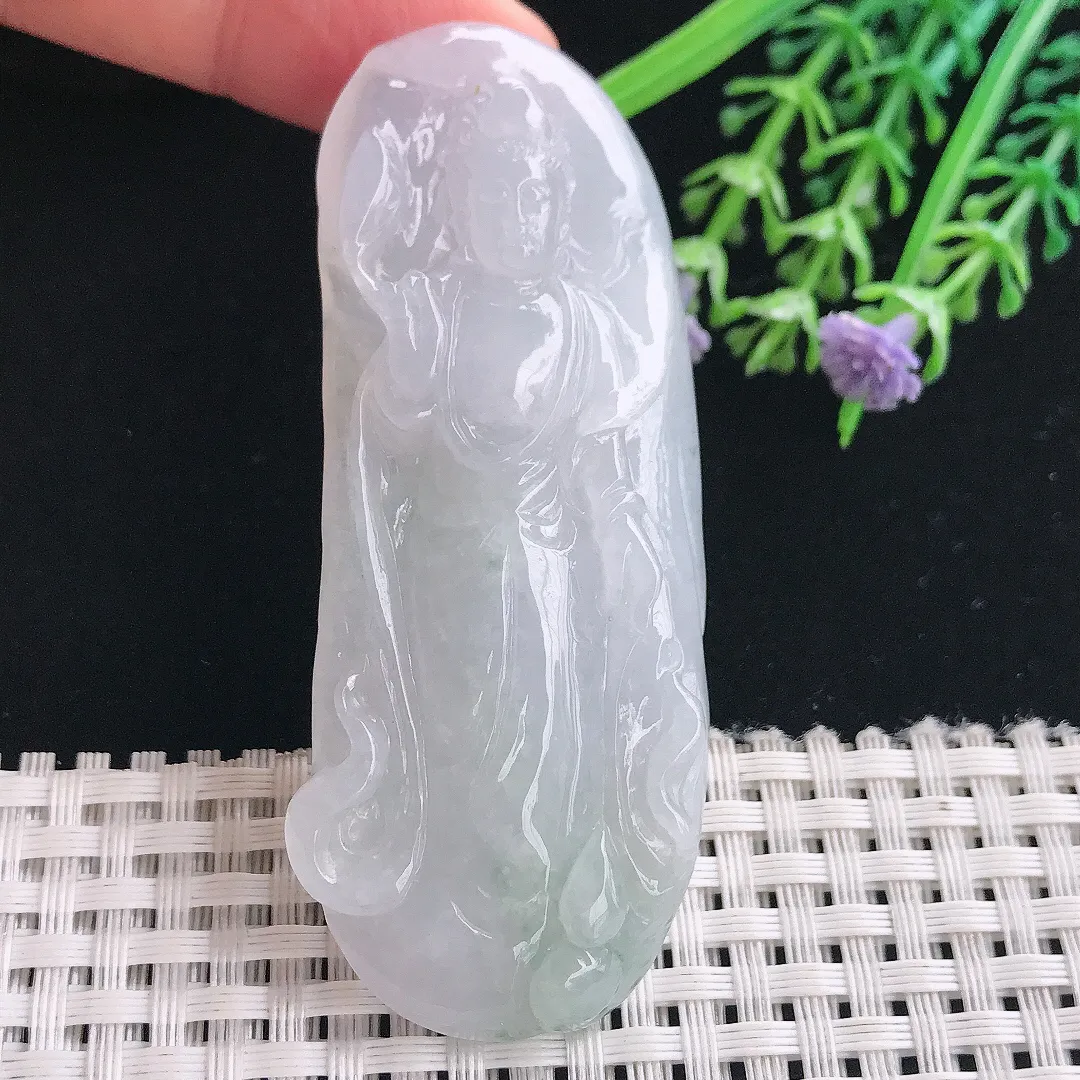 实拍A货翡翠73.5/27.5/10.8老坑冰润赐福观音吊坠翡翠站观音挂件