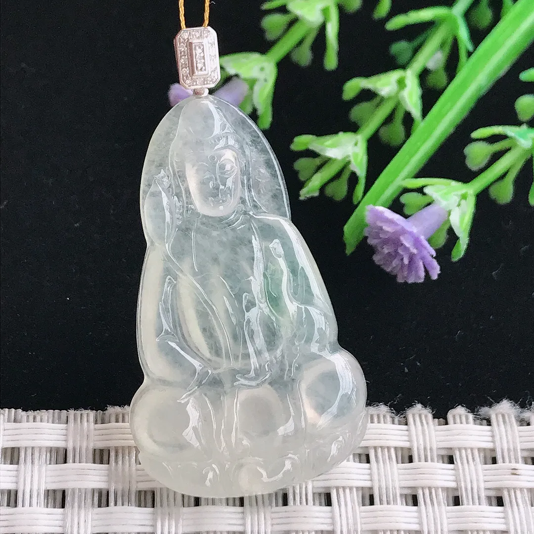 实拍A货翡翠37.2/22.8/4老坑18k金镶嵌冰种观音吊坠翡翠玉观音挂件