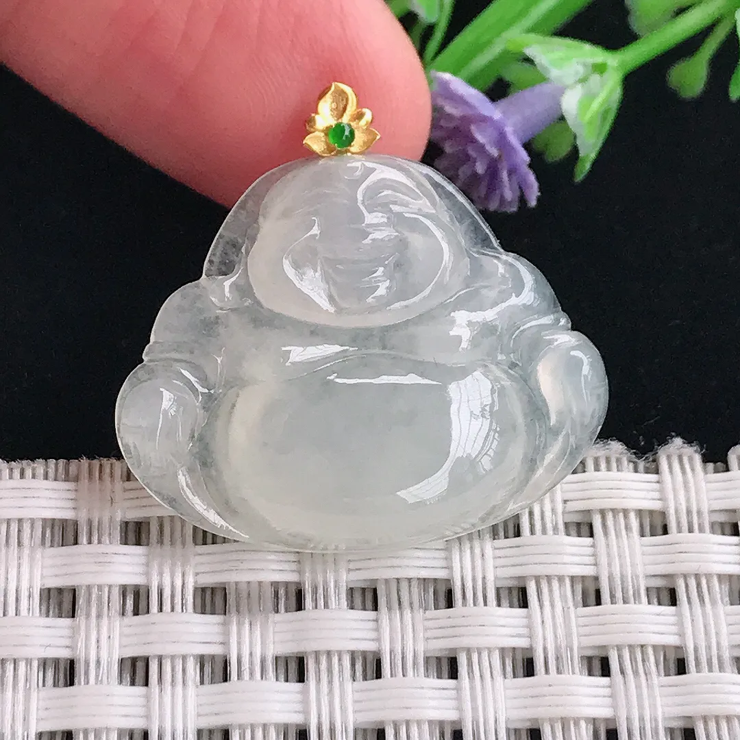 实拍A货翡翠22.5/27.7/5.3老坑18k金镶嵌冰透佛公吊坠翡翠玉佛挂件