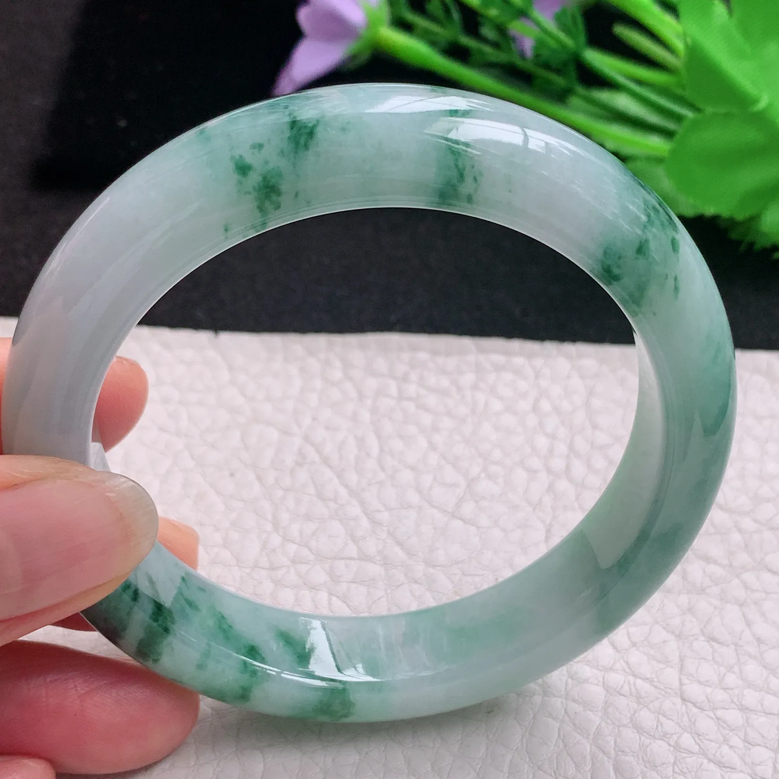 hh实拍57.5*13.8*8.8平安镯 天然缅甸翡翠A货玉手镯冰飘花宽边玉手环