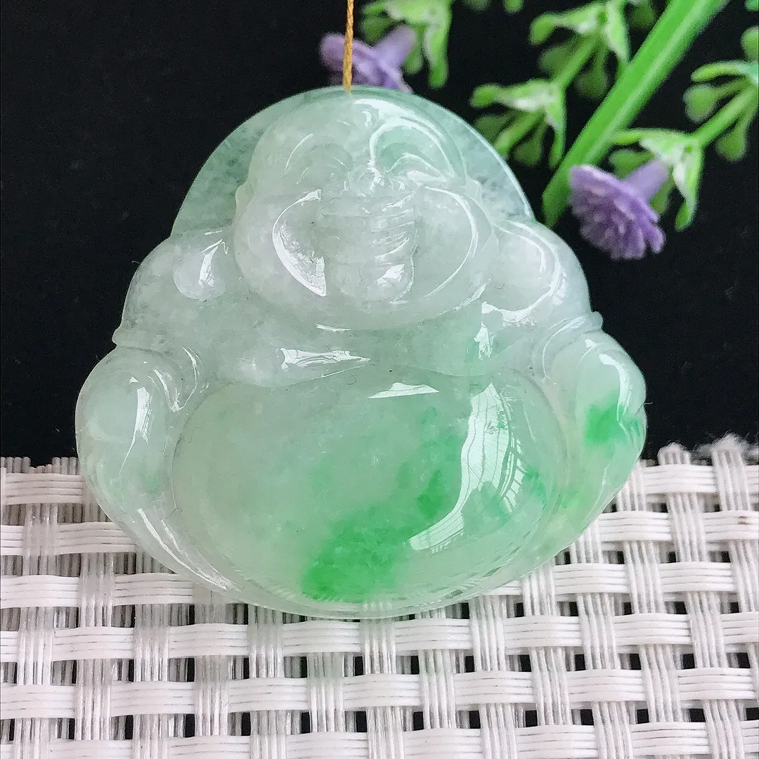 实拍A货翡翠39.9/42.8/9.8老坑冰润飘阳绿大佛公吊坠翡翠挂件