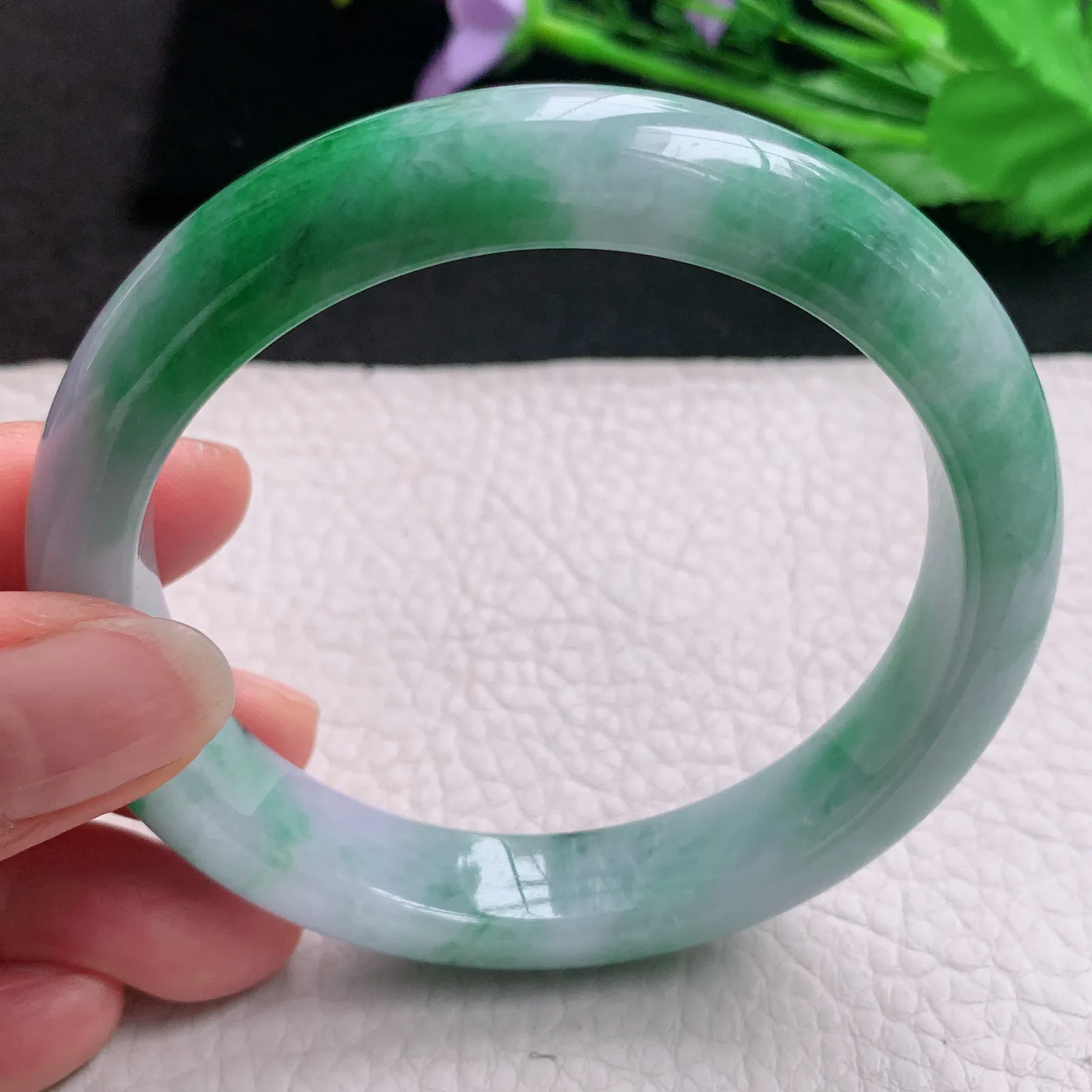 hh大圈口60*12.2*8.5平安镯 天然缅甸翡翠A货玉手镯春带彩宽边玉手环