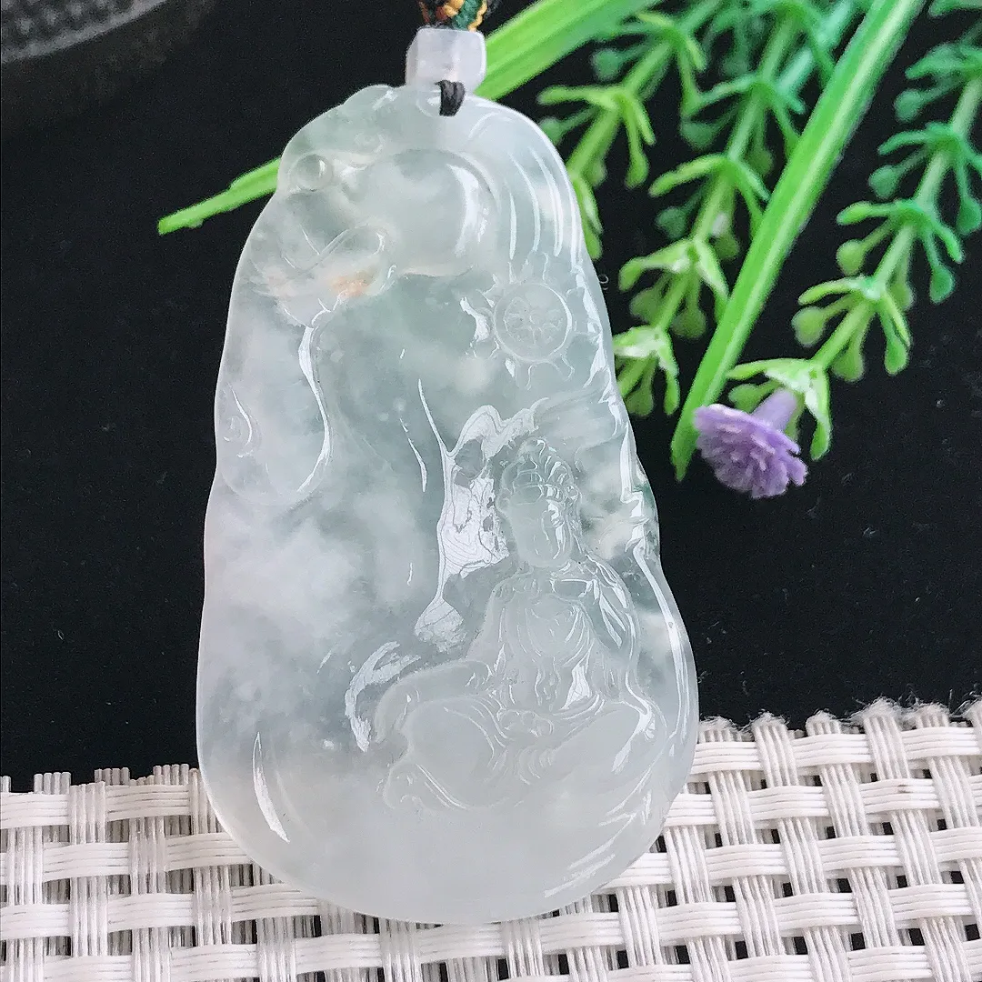 实拍A货翡翠58/34.5/5.7老坑冰种起胶白冰普贤菩萨吊坠翡翠挂件