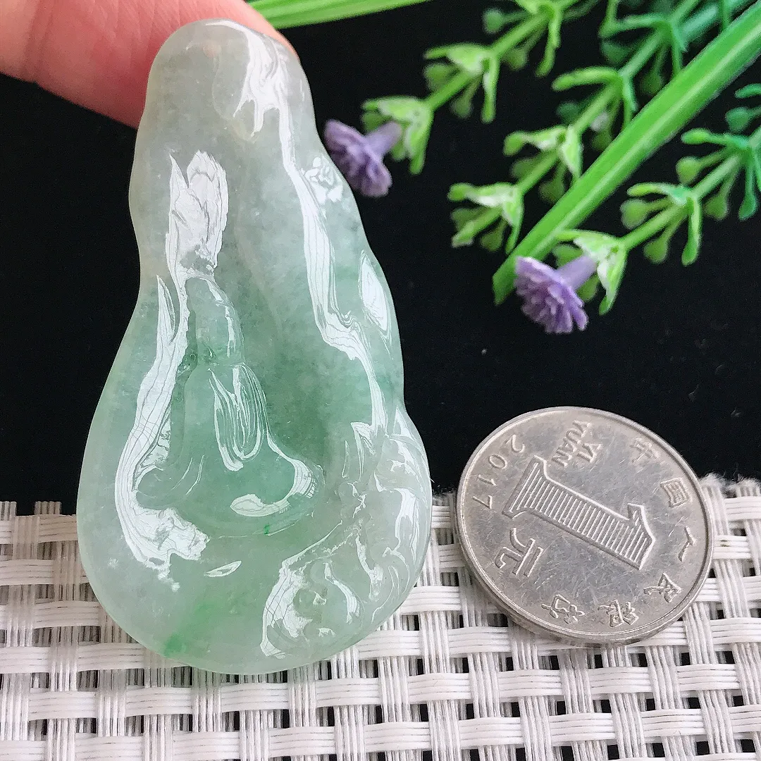 实拍A货翡翠59/31.8/5.8老坑冰润起胶飘绿悟道吊坠翡翠挂件