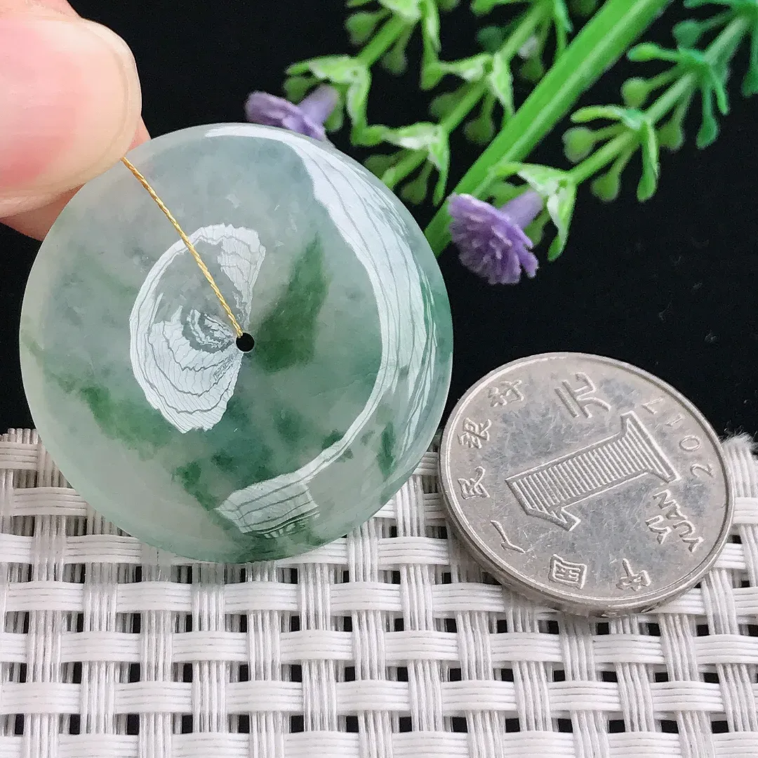 实拍A货翡翠34.8/5.6老坑冰胶果冻冰飘花平安扣吊坠翡翠玉扣挂件