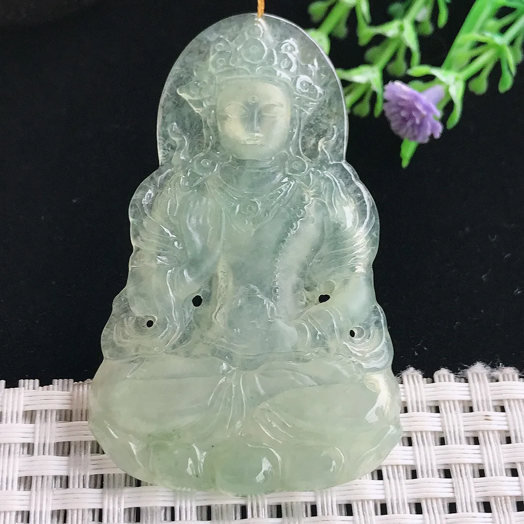 实拍A货翡翠58/36.8/5老坑冰胶果冻冰晴绿渡母菩萨吊坠翡翠挂件