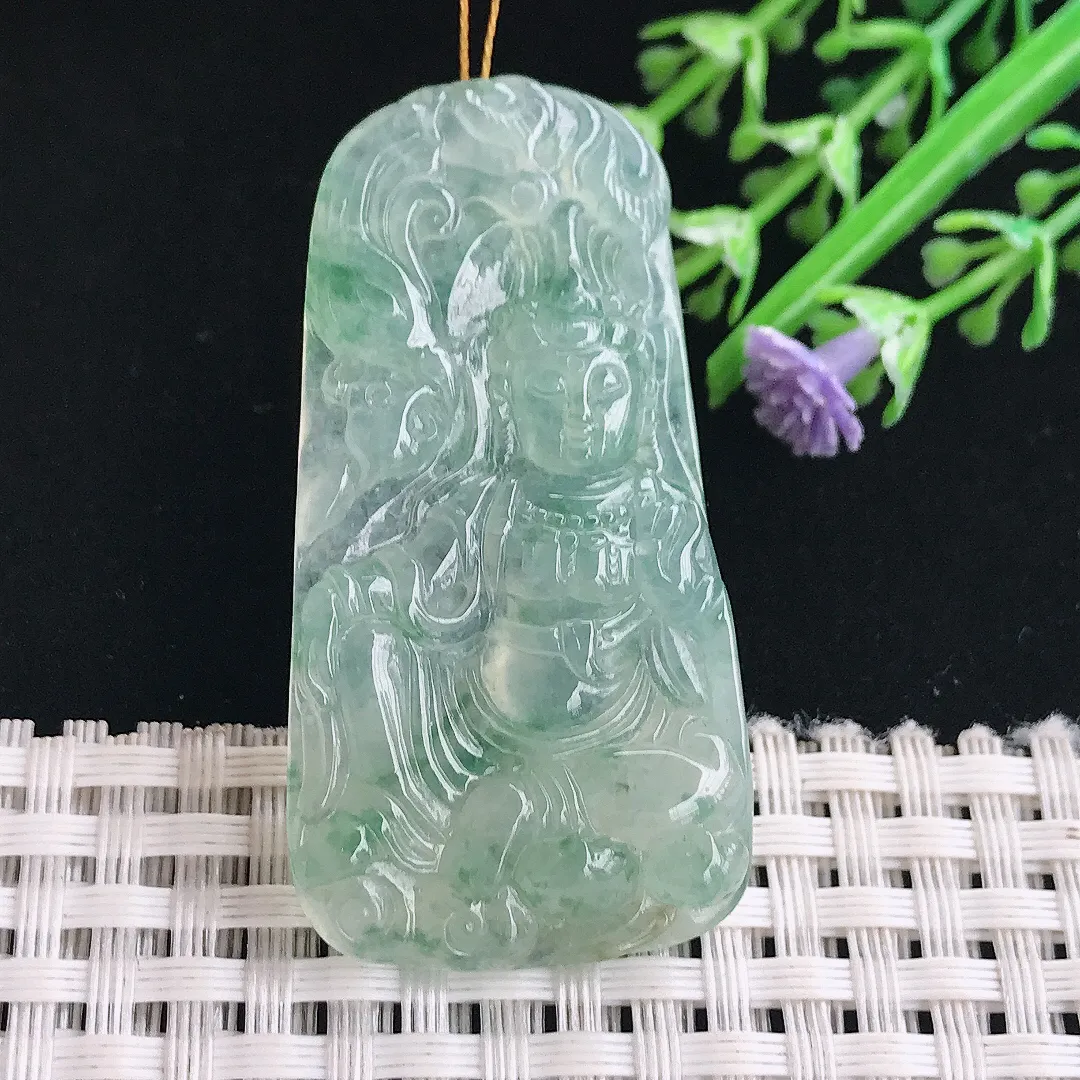 实拍A货翡翠49.2/25.2/6.2老坑冰胶果冻冰飘花观音菩萨吊坠翡翠挂件