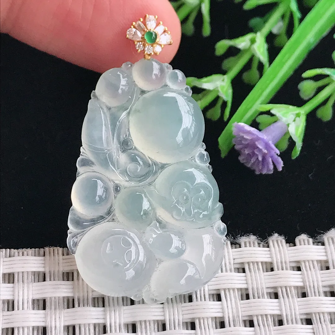 实拍A货翡翠34.5/23/5老坑18k金镶嵌冰种灵猴献寿吊坠翡翠猴子挂件