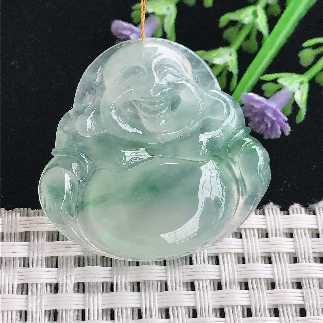 实拍A货翡翠34/36/6.1老坑冰透果冻冰飘花佛公吊坠翡翠玉佛挂件