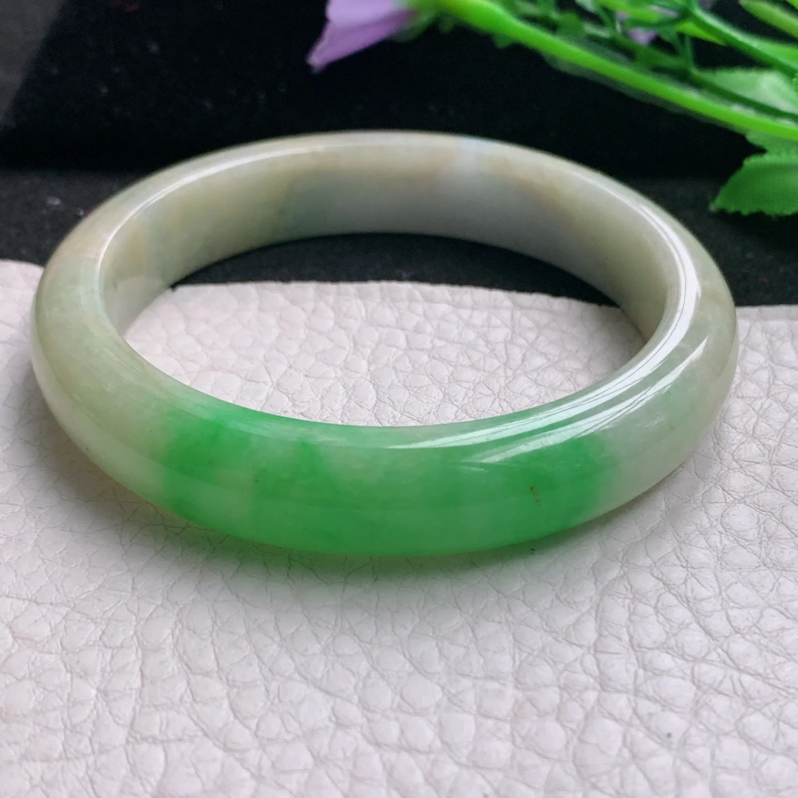 mq实拍55*11.8*7.5平安镯 天然缅甸翡翠A货玉手镯三彩水润宽边玉手环