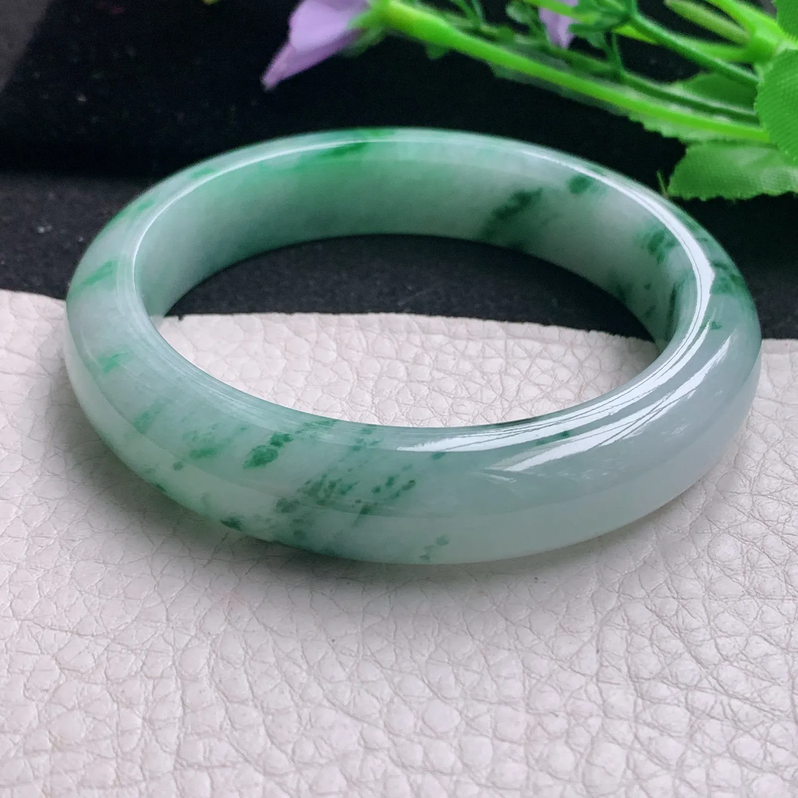 hh实拍57.5*13.8*8.8平安镯 天然缅甸翡翠A货玉手镯冰飘花宽边玉手环