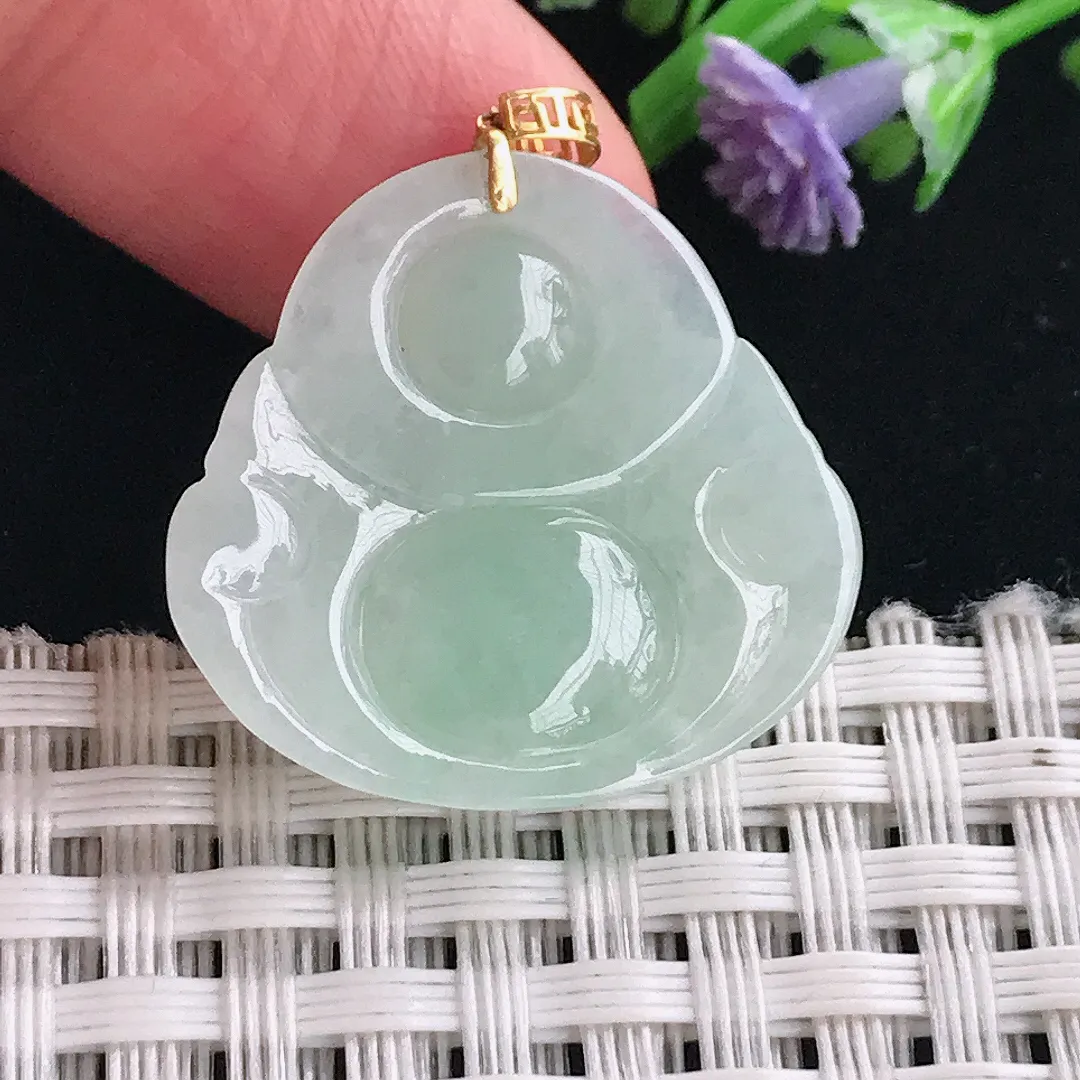 实拍A货翡翠23.6/25/6.5老坑18k金镶嵌冰润飘绿佛公吊坠正装翡翠挂件