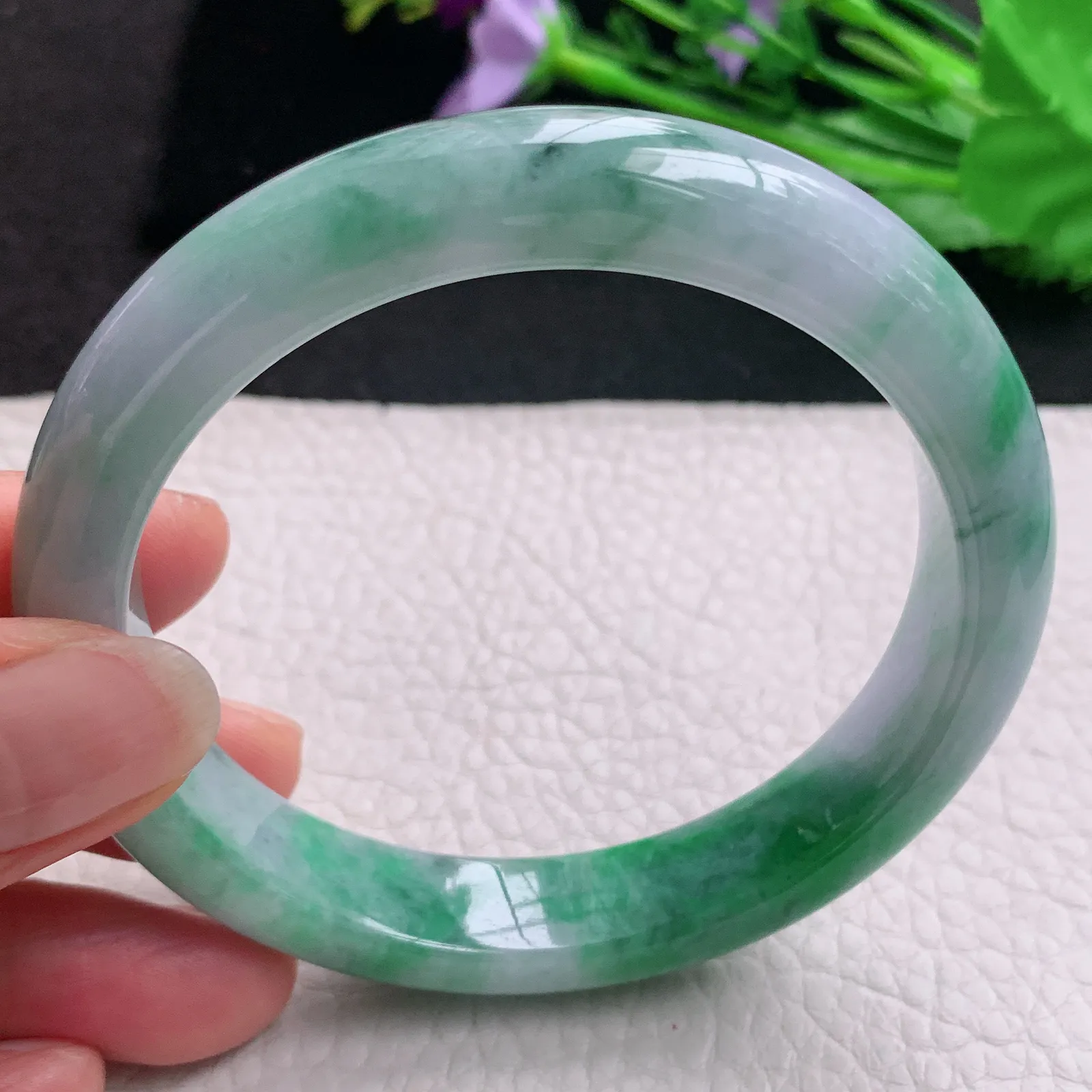 hh大圈口60*12.2*8.5平安镯 天然缅甸翡翠A货玉手镯春带彩宽边玉手环