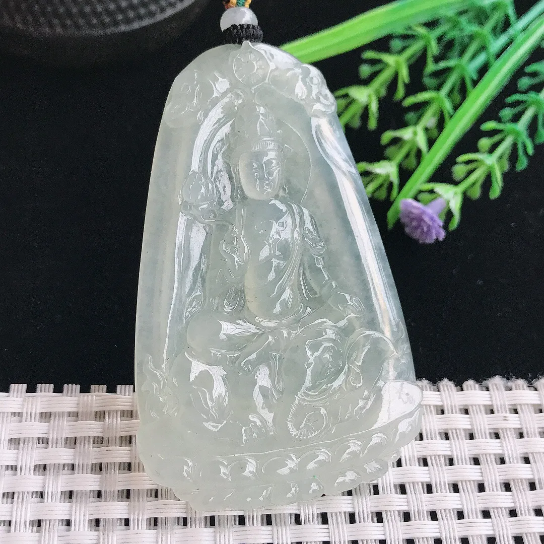 实拍A货翡翠67.5/43.6/5.5老坑冰胶水灵冰晴普贤菩萨吊坠翡翠挂件