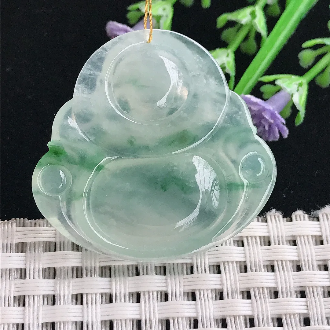 实拍A货翡翠34/36/6.1老坑冰透果冻冰飘花佛公吊坠翡翠玉佛挂件