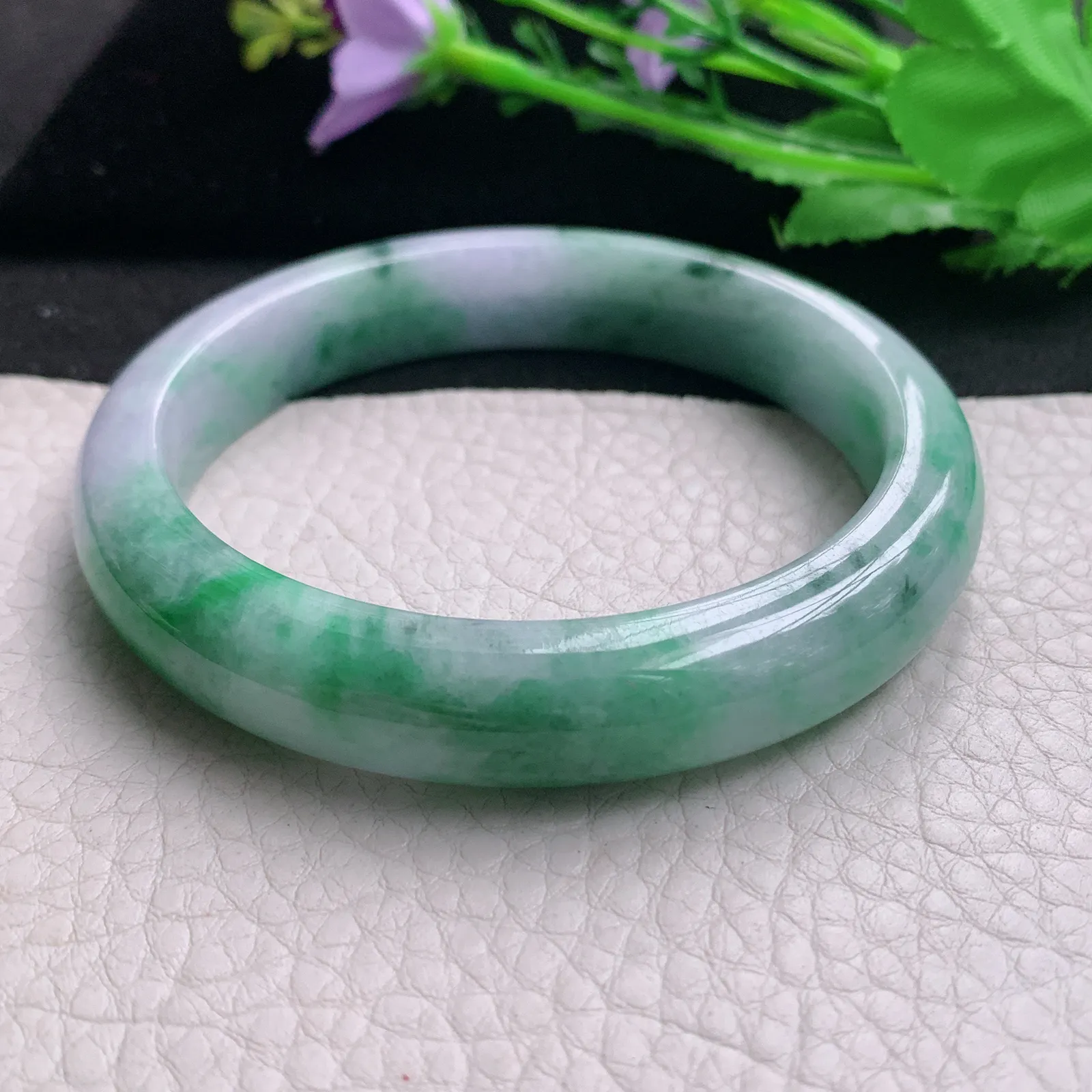 hh大圈口60*12.2*8.5平安镯 天然缅甸翡翠A货玉手镯春带彩宽边玉手环