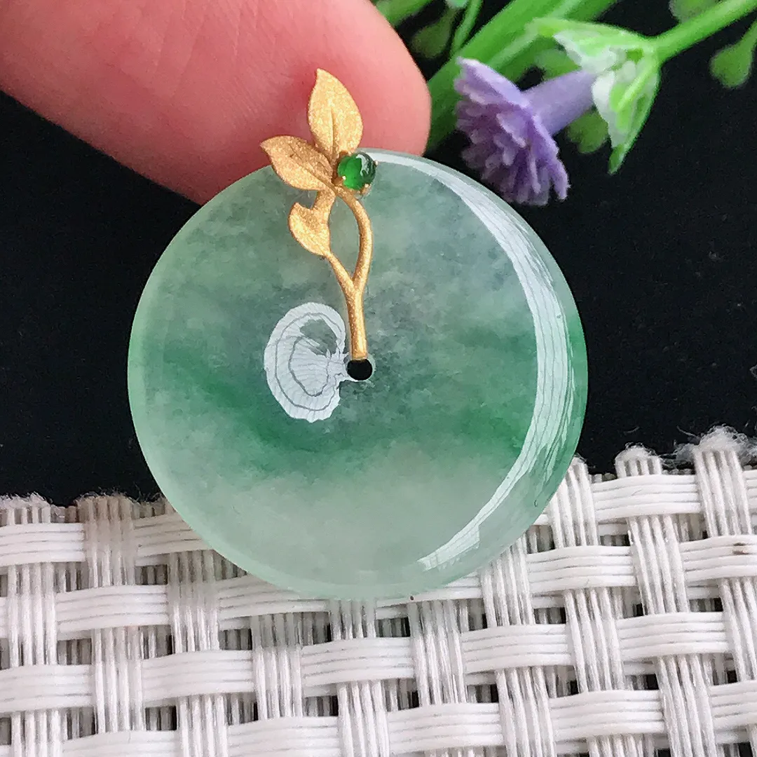 实拍A货翡翠24.4/3.8老坑18k金镶嵌冰晴平安扣吊坠正装翡翠玉扣挂件