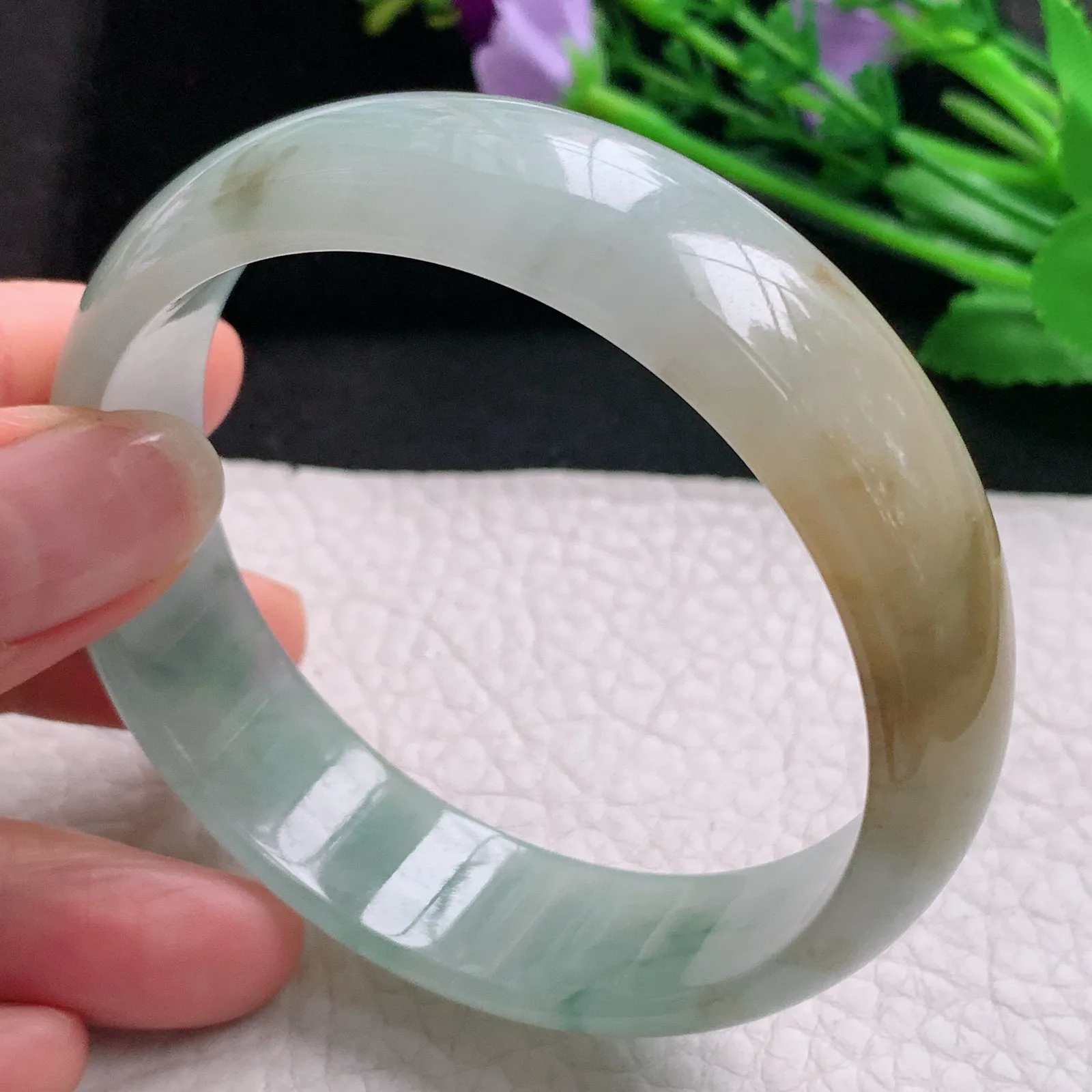 mq实拍59*16.2*6.5平安镯 天然缅甸翡翠A货玉手镯冰润三彩宽边玉手环