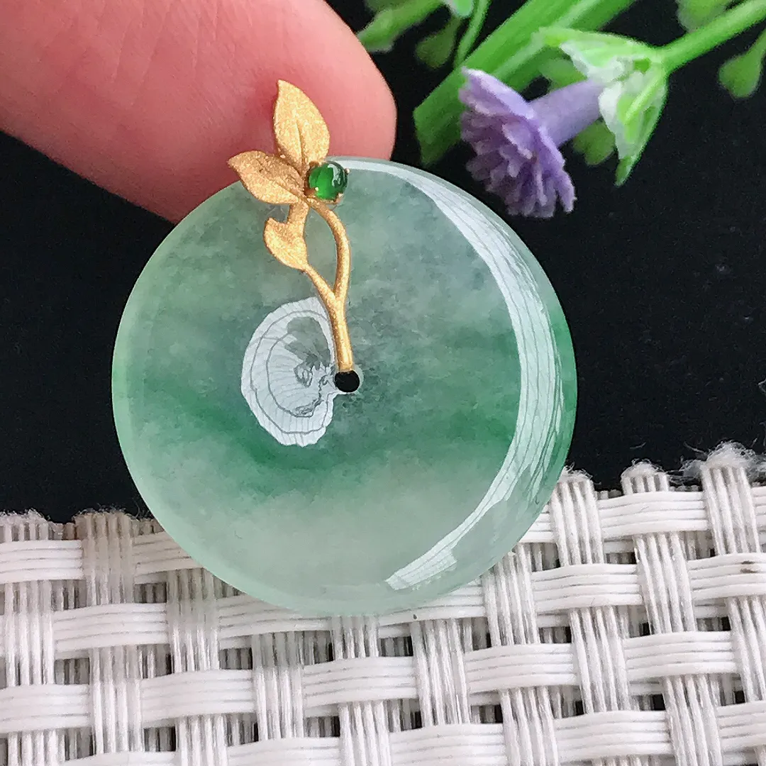 实拍A货翡翠24.4/3.8老坑18k金镶嵌冰晴平安扣吊坠正装翡翠玉扣挂件