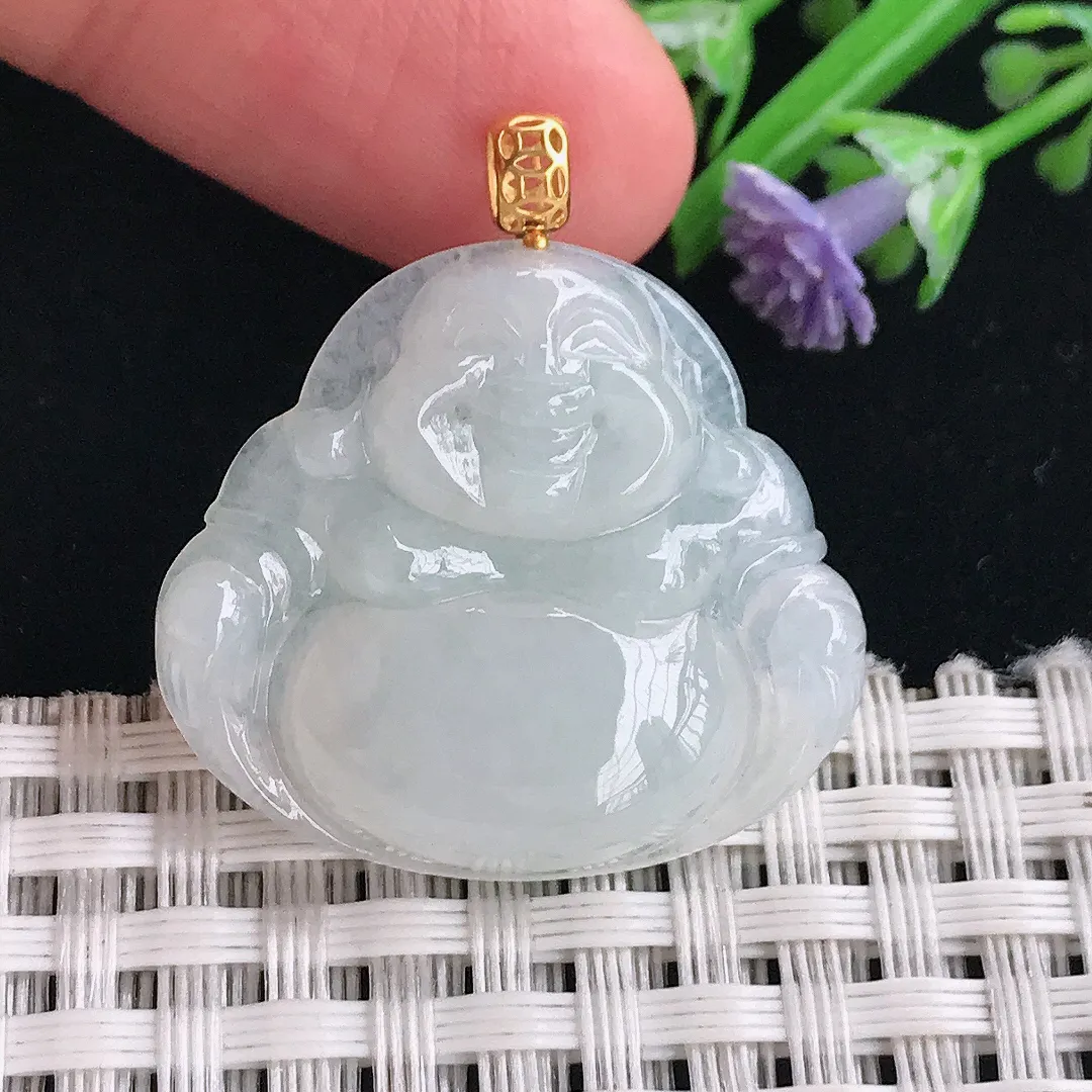 实拍A货翡翠26/29/5.5老坑18k金镶嵌冰润佛公吊坠翡翠玉佛挂件