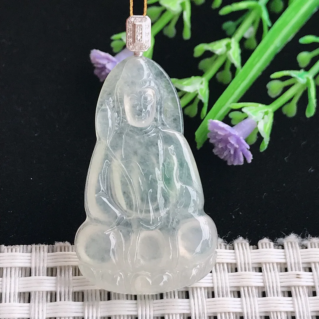 实拍A货翡翠37.2/22.8/4老坑18k金镶嵌冰种观音吊坠翡翠玉观音挂件