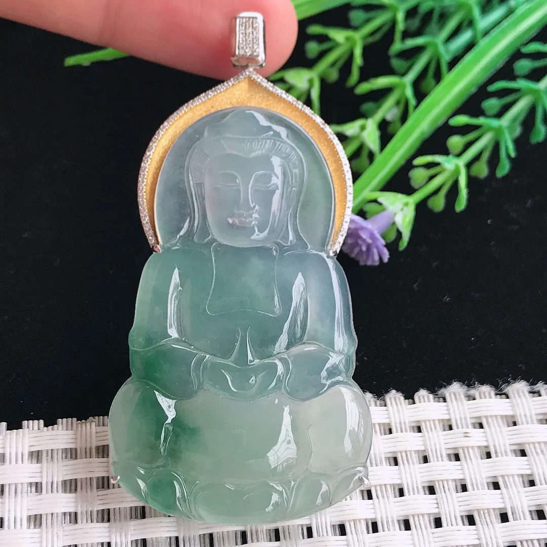 实拍A货翡翠63.8/32.6/6老坑18k金镶嵌冰种起胶冰飘花观音吊坠正装翡翠挂件