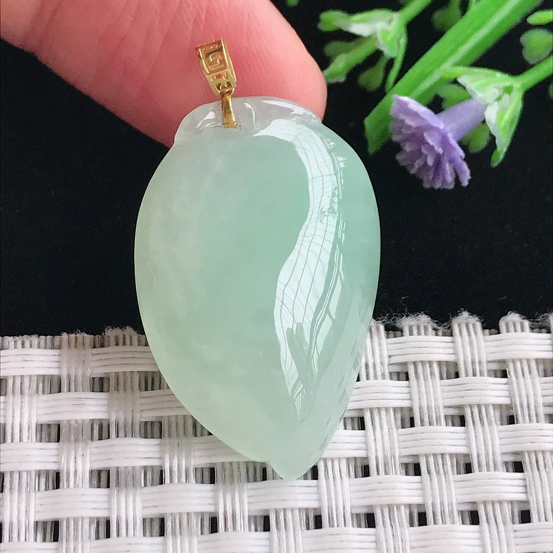 实拍A货翡翠31/19.9/9.7老坑18k金镶嵌冰胶冰晴寿桃吊坠正装翡翠桃子挂件